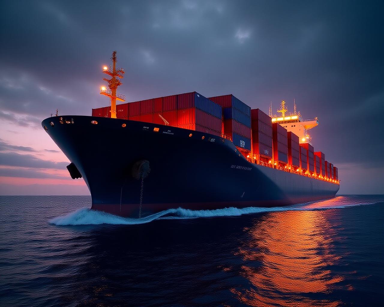 Global cargo vessel at dusk with purple atmospheric lighting